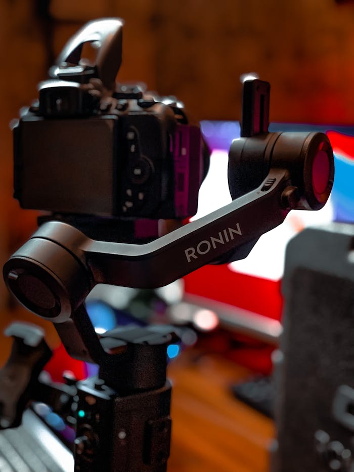 Close-up of a camera mounted on a Ronin gimbal, perfect for videography.